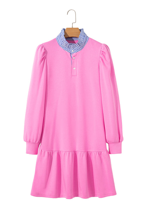 Contrast Striped Collar Patchwork Puff Sleeve Ruffle Hem Mini Dress